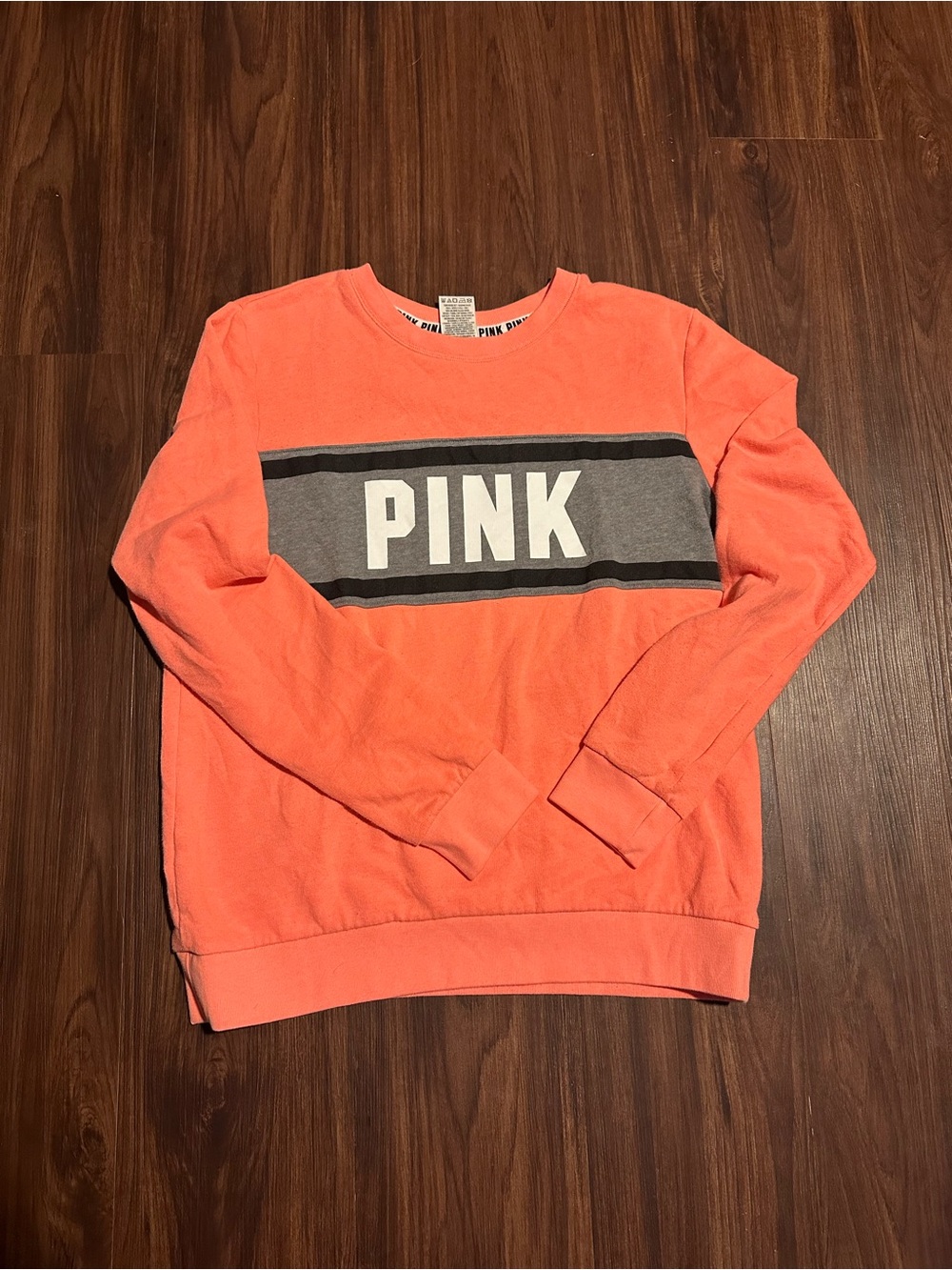 PINK Victoria's Secret Coral Sweatshirt with Gray Chest Stripe